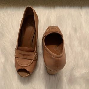 Lucky Brand leather upper, peep toe wedge shoe
